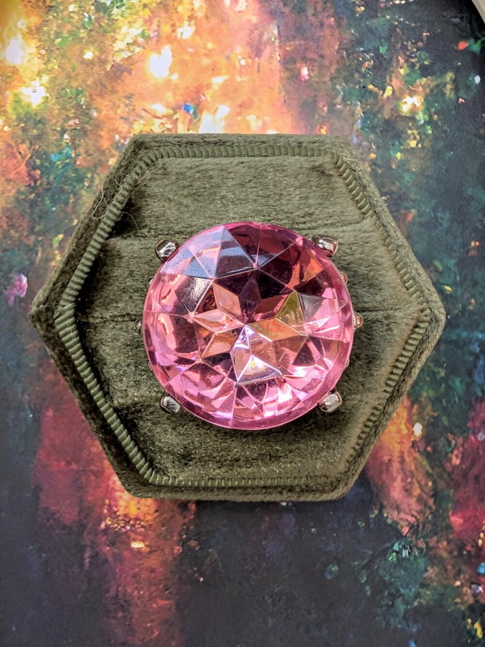 Vintage Huge Pink Rhinestone Costume Toy Ring, Size 6.5 Adjustable